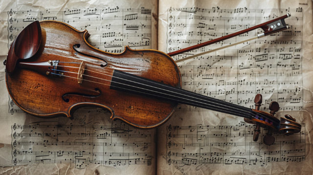 Musikarrangement mit Geige und Notenblatt