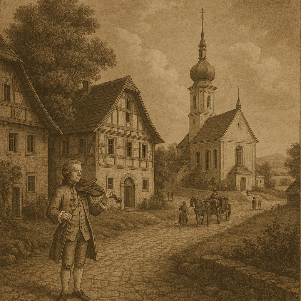 KI-generiertes Bild von Mozart vor der Kulisse eines Dorfs