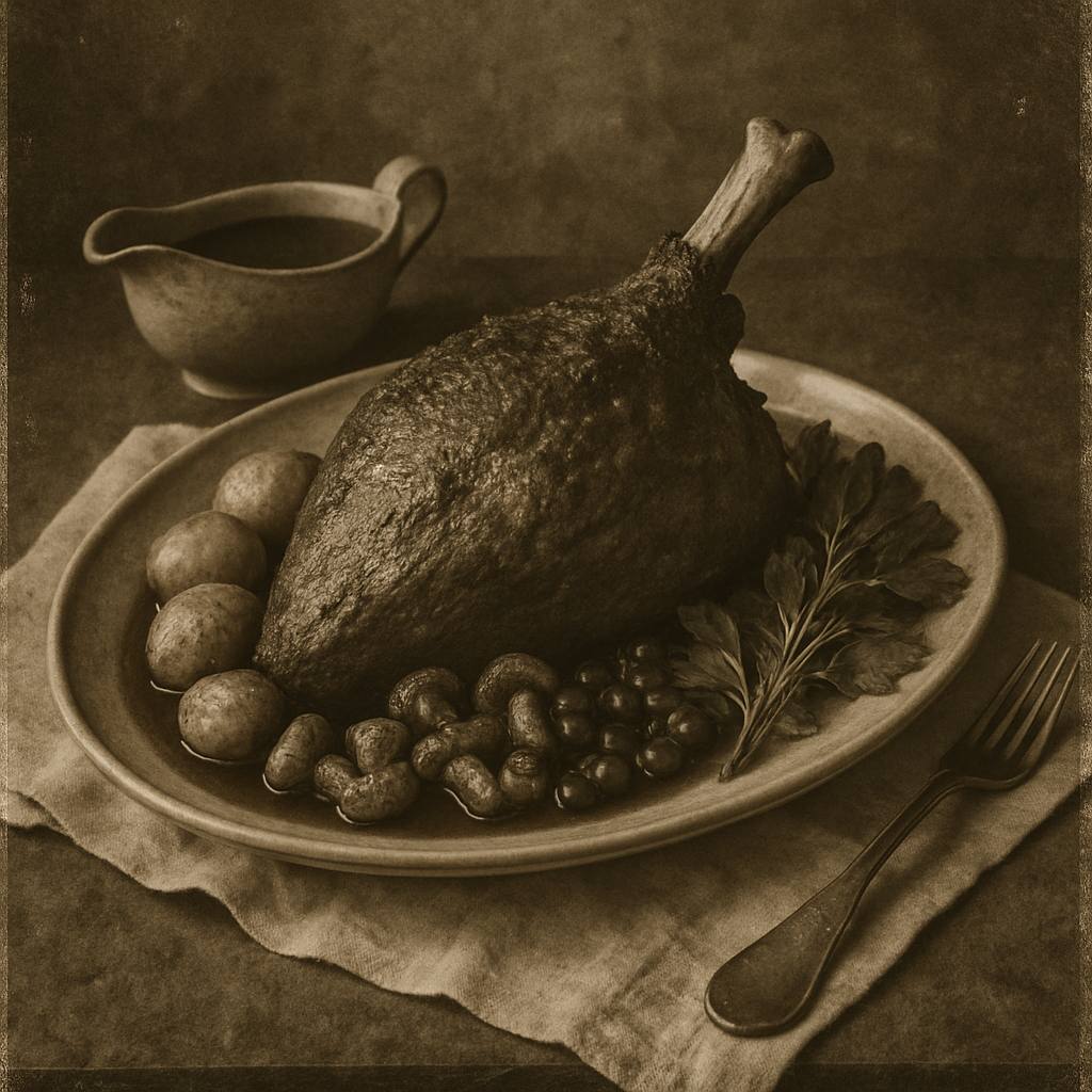 KI-generiertes Bild von einem Wildbrät zu Zeiten von Mozart, Speisen vor über 200 Jahren, schwarz-weiß-Bild