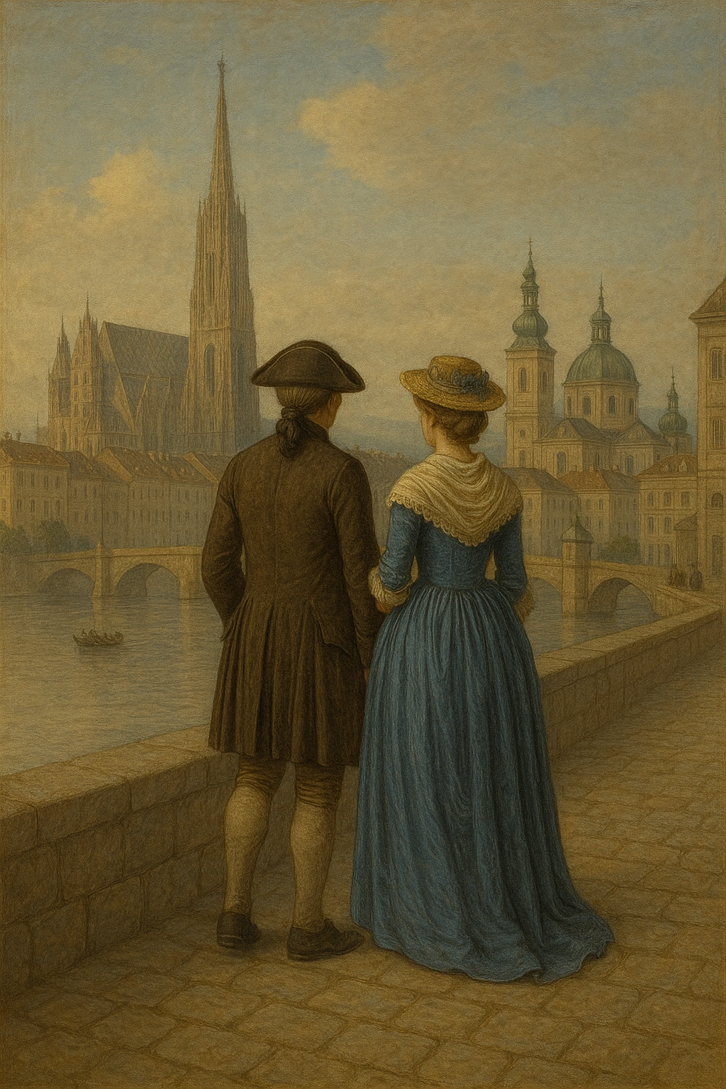 KI-generiertes Bild von einem Liebespaar zu Zeiten von Mozart vor der Kulisse Wiens