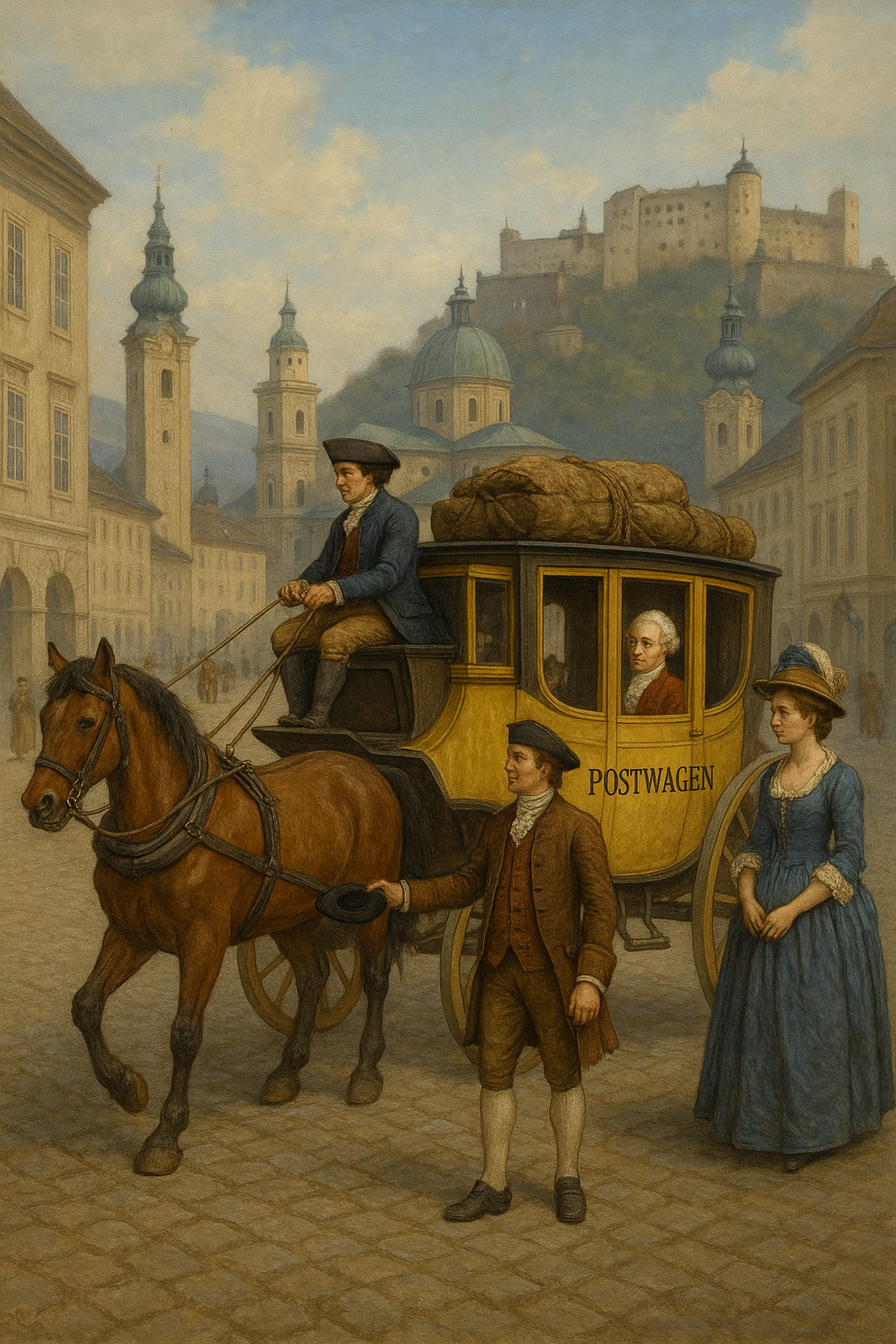 KI-generiertes Bild von einer alte Postkutsche zu Zeiten Mozarts vor der Kulisse von Salzburg