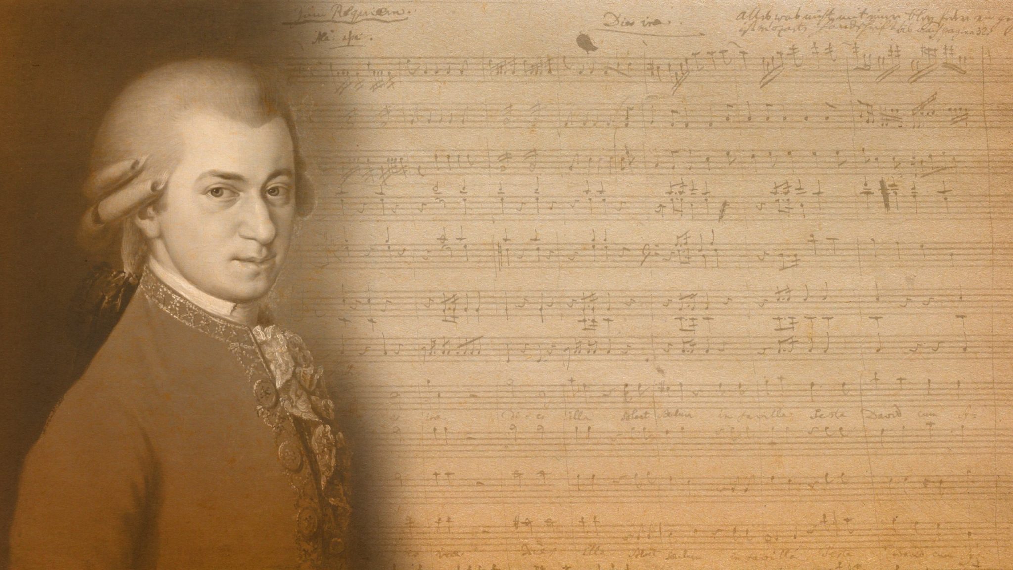 verblasstest Notenblatt, davor ist Mozart abgebildet