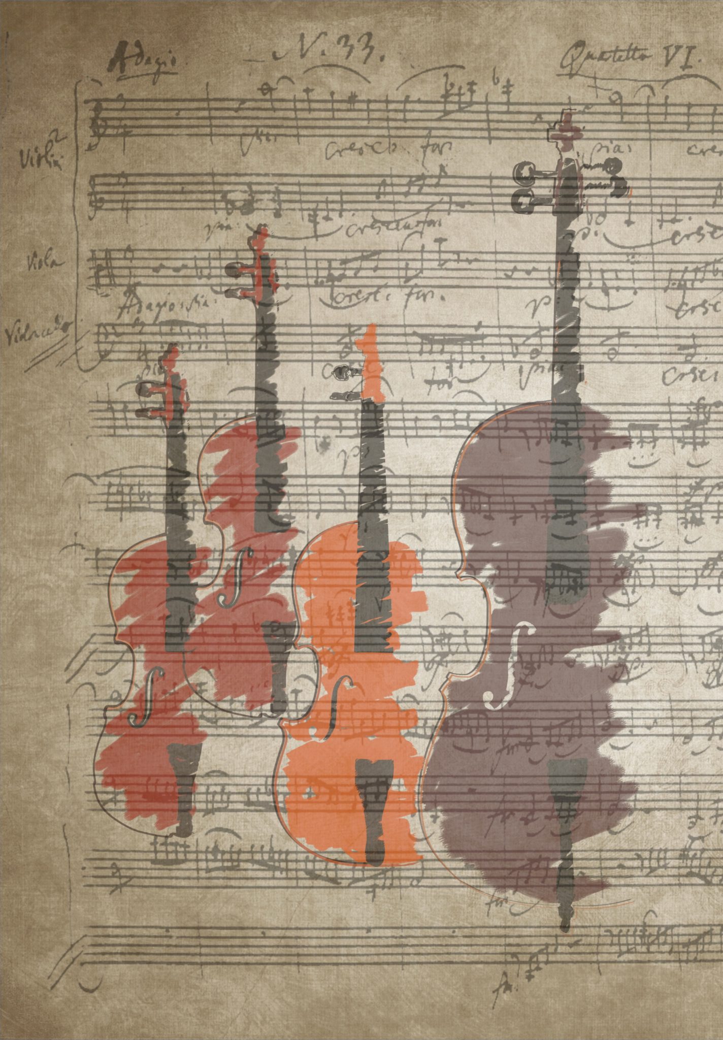 gemalte Geigen vor Notenblatt